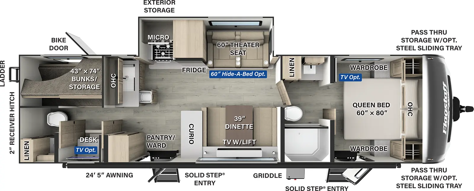 The Flagstaff Super Lite Travel Trailers 29DBH has two entries and one slide out. Exterior features include: fiberglass exterior and 24'5" awning. Interiors features include: bunk beds, u-dinette, front bedroom, pass through bathroom and two full bathrooms.